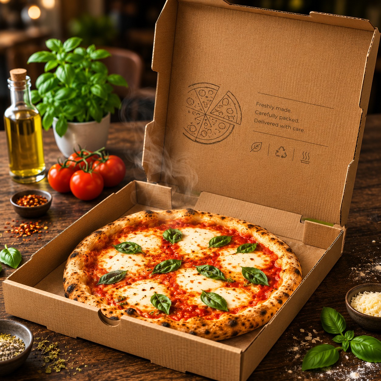 Druckerfy custom-printed kraft pizza box with fresh pizza